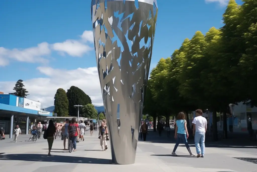 A wide landscape view of a tapering perforated stainless cone on a town square, cropped so the surrounding shopfronts, trees and walking crowd fill the frame around its base.